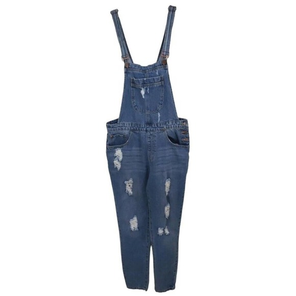 Forever 21 ~Woman Size 27 (4)~ Blue Denim Jeans Bib Overalls Cotton, Distressed. - Picture 11 of 11